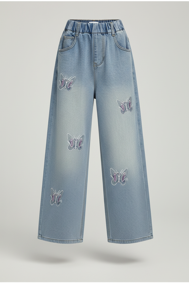 Pantalon Baggy Bleu Jean Papillons Ample Coton Fille - vue 3