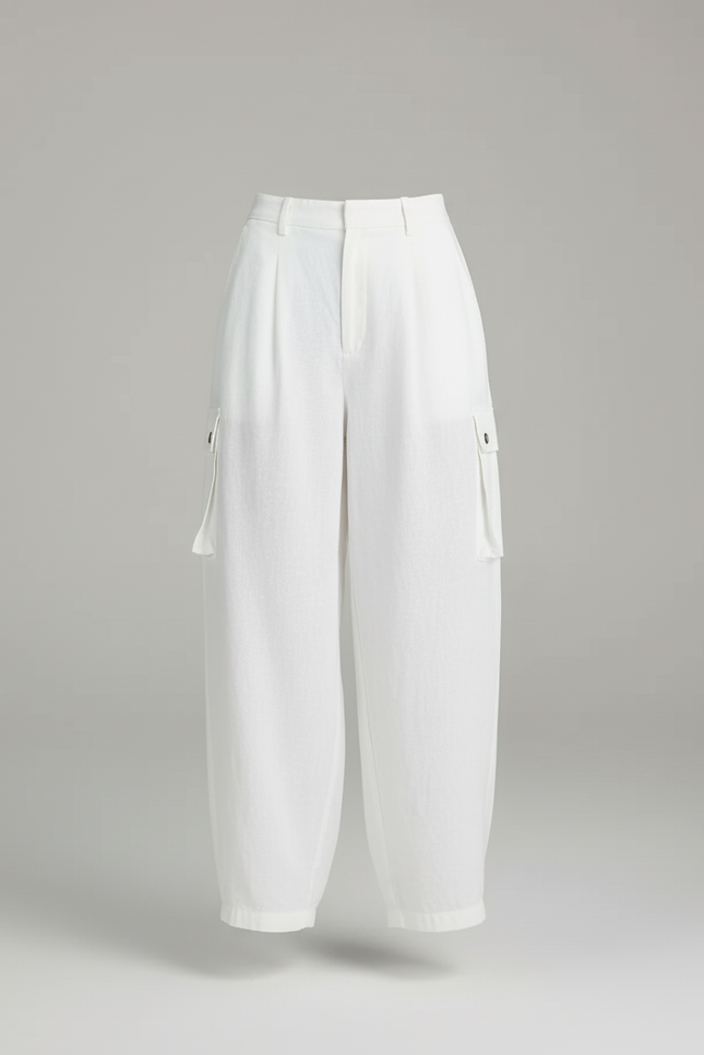 Pantalon Baggy Blanc Cargo Ample Lin Décontracté - vue 3