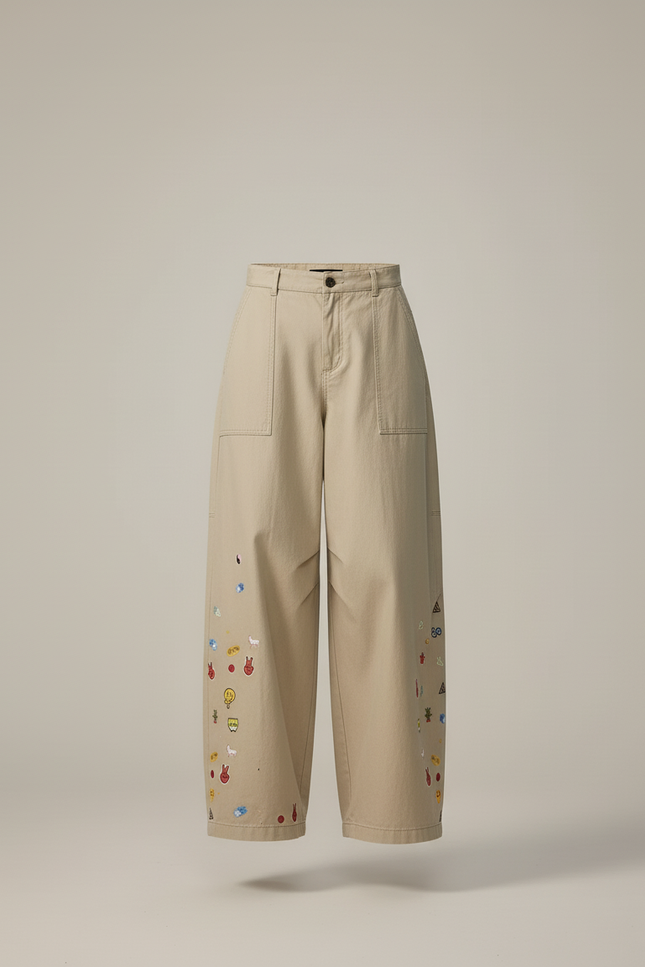 Pantalon Baggy Beige Brodé Large Décontracté Femme - Gabardine - vue 3