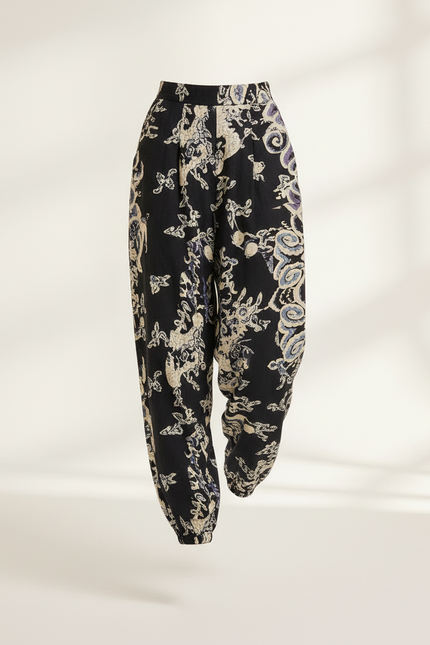 Pantalon Baggy Noir Imprimé Ethnique Ample Fluide Femme - Viscose - vue 3