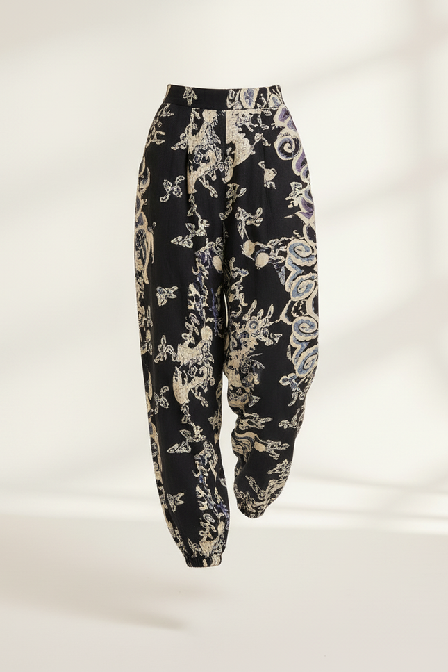 Pantalon Baggy Noir Imprimé Ethnique Ample Fluide Femme - Viscose - vue 3