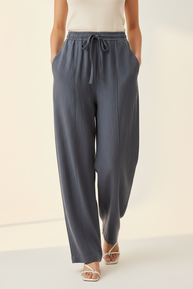 Pantalon Baggy Gris Fluide Décontracté Cordon - Lin - vue 3