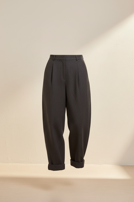 Pantalon Baggy Gris Plissé Laine Taille Haute Élégant - vue 3