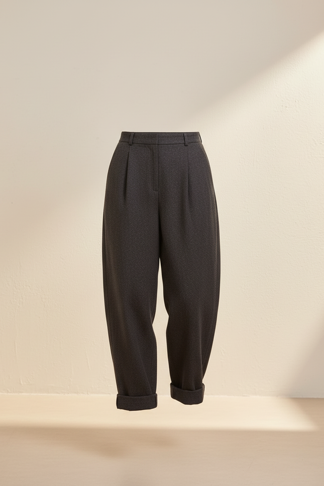 Pantalon Baggy Gris Plissé Laine Taille Haute Élégant - vue 3