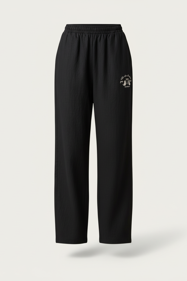 Pantalon Baggy Noir Lin Ample Brodé Décontracté Femme - vue 3