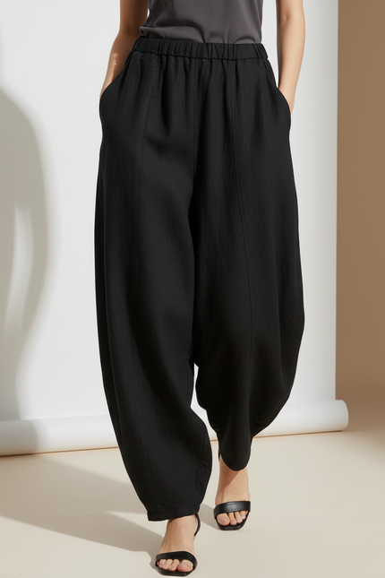 Pantalon Baggy Noir Ample Lin Élastique Femme - vue 3
