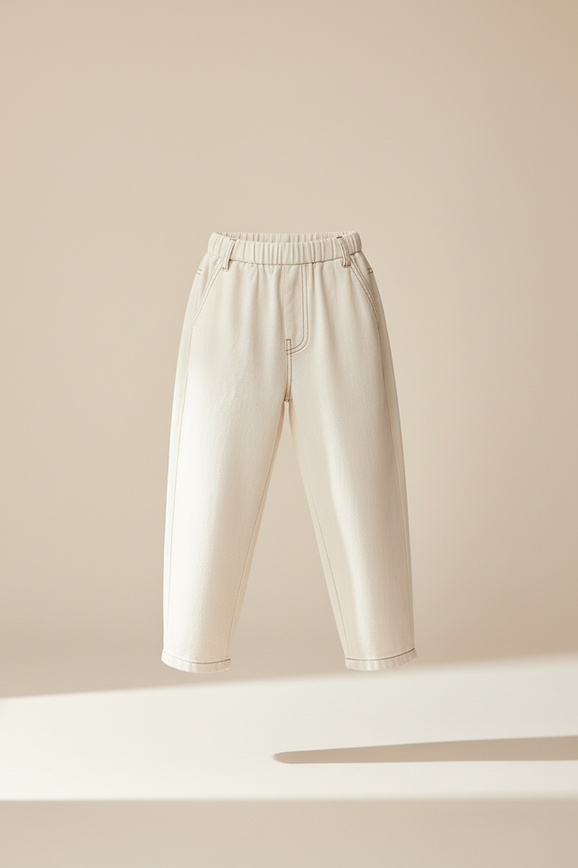 Pantalon Baggy Écru Ample Décontracté Enfant Coton - Beige Jean - vue 3