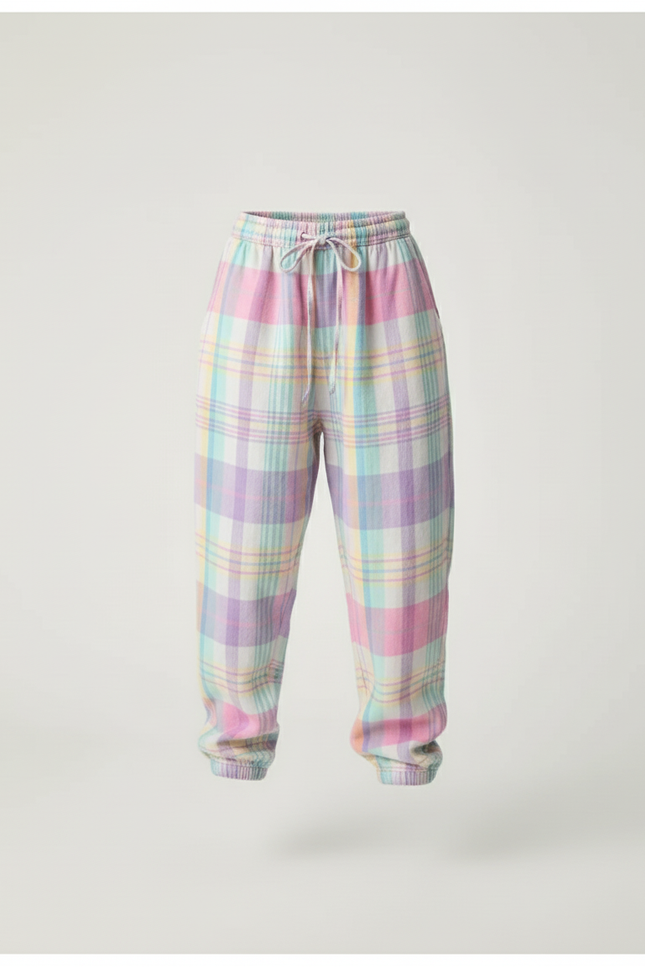 Pantalon Baggy Carreaux Pastel Ample Décontracté Fille - Multicolore Molleton - vue 3