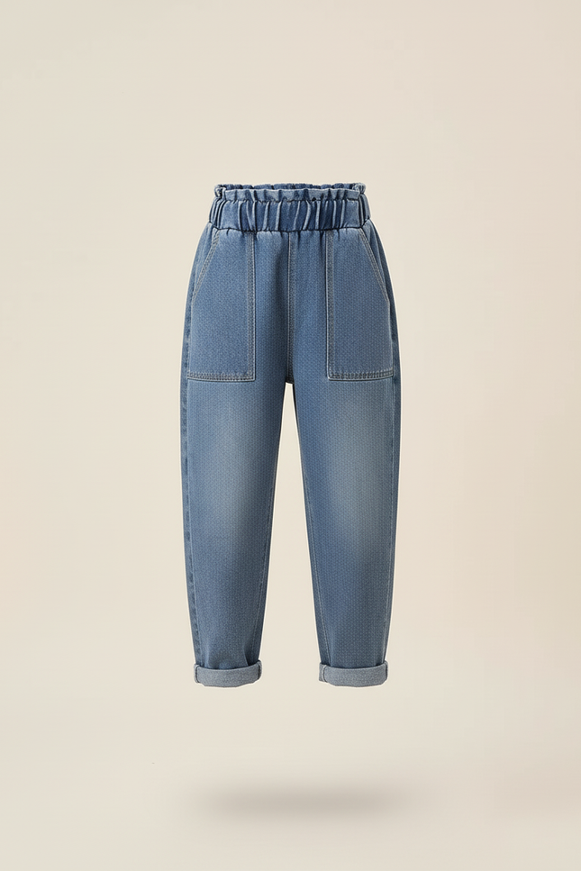 Pantalon Baggy Jean Bleu Denim Ample Élastique Fille - vue 3