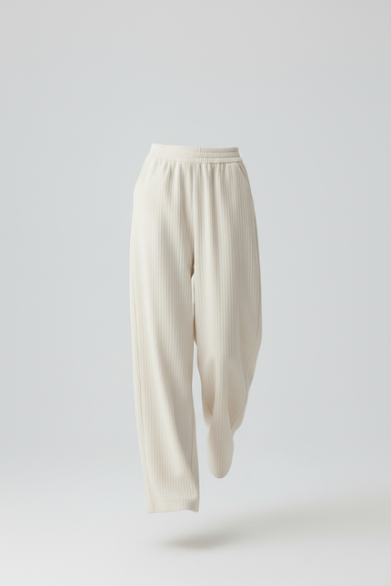 Pantalon Baggy Crème Rayé Fluide Décontracté Femme - Beige Maille - vue 3