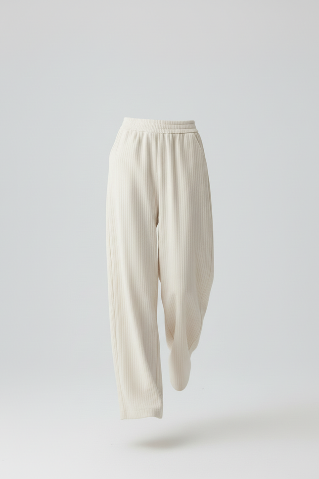 Pantalon Baggy Crème Rayé Fluide Décontracté Femme - Beige Maille - vue 3