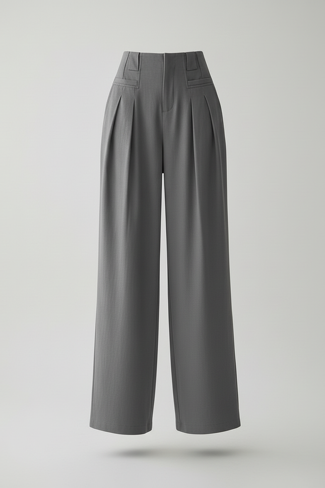 Pantalon Baggy Gris Plissé Taille Haute Fluide Décontracté - Polyester - vue 3