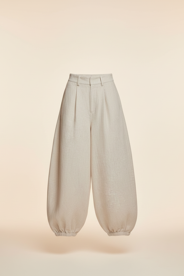 Pantalon Baggy Lin Ample Élastiqué Beige Femme Décontracté - vue 3