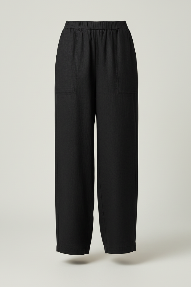 Pantalon Baggy Noir Lin Ample Droit Décontracté - vue 3