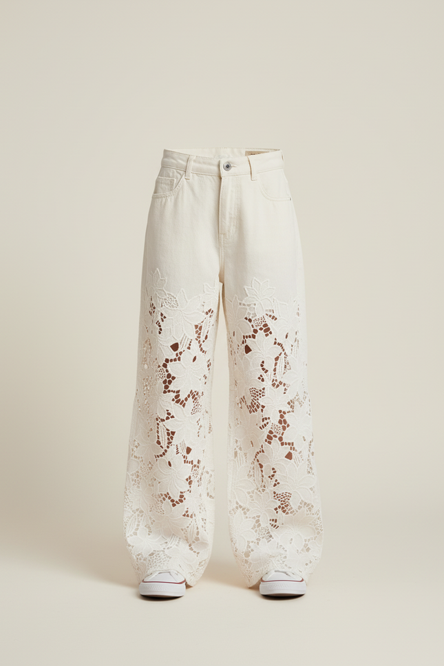Pantalon Baggy Beige Ample Dentelle Floral Enfant - Jean - vue 3