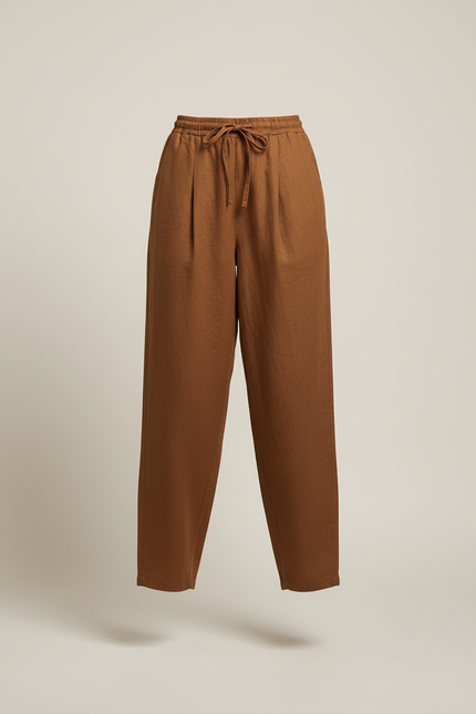 Pantalon Baggy Marron Ample Taille Haute Lin - vue 3