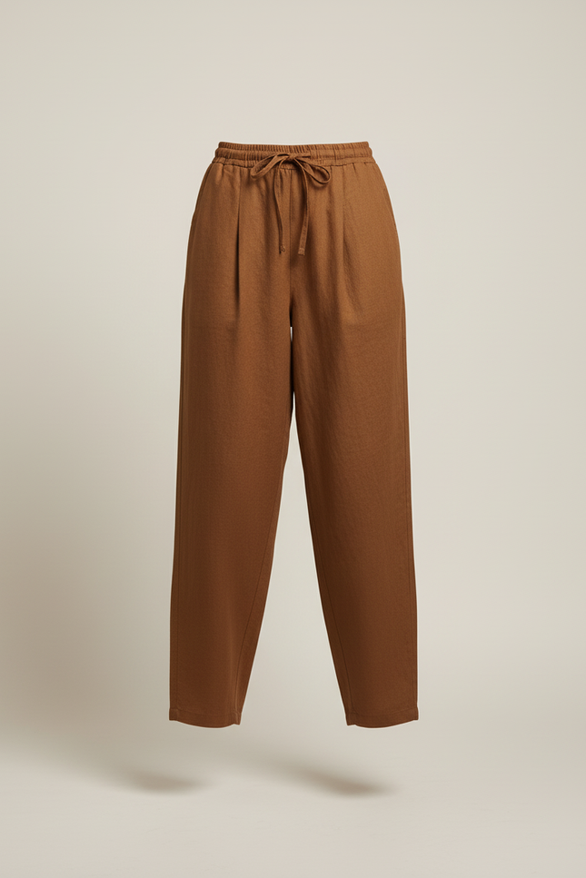 Pantalon Baggy Marron Ample Taille Haute Lin - vue 3