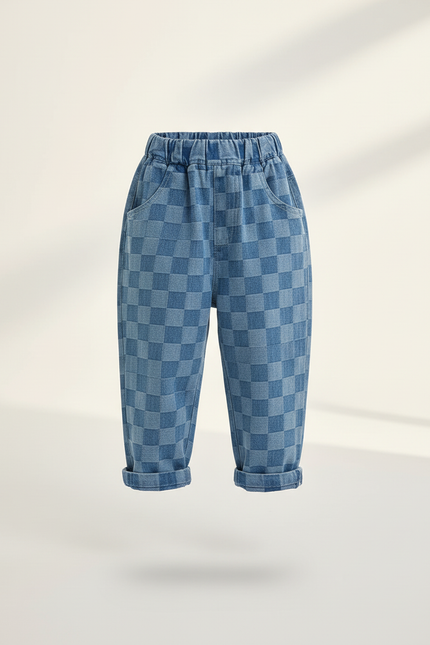 Pantalon Baggy Denim Carreaux Bleus Ample Confortable Enfant - Jean - vue 3