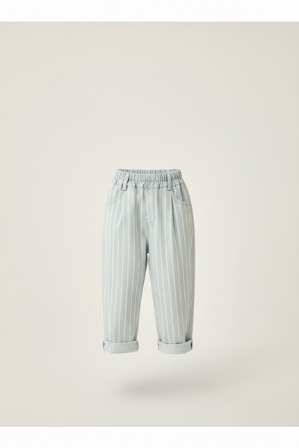 Pantalon Baggy Rayé Bleu Clair Coton Ample Décontracté - vue 3