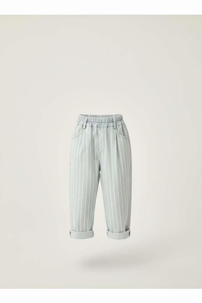 Pantalon Baggy Rayé Bleu Clair Coton Ample Décontracté - vue 3