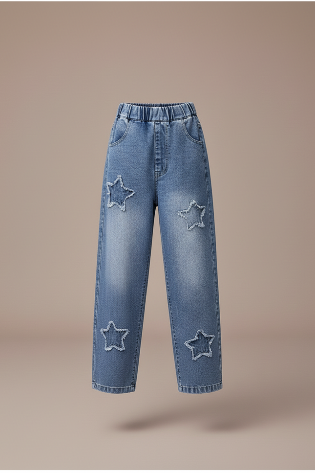 Pantalon Baggy Denim Étoiles Ample Fille Décontracté - Bleu Jean - vue 3