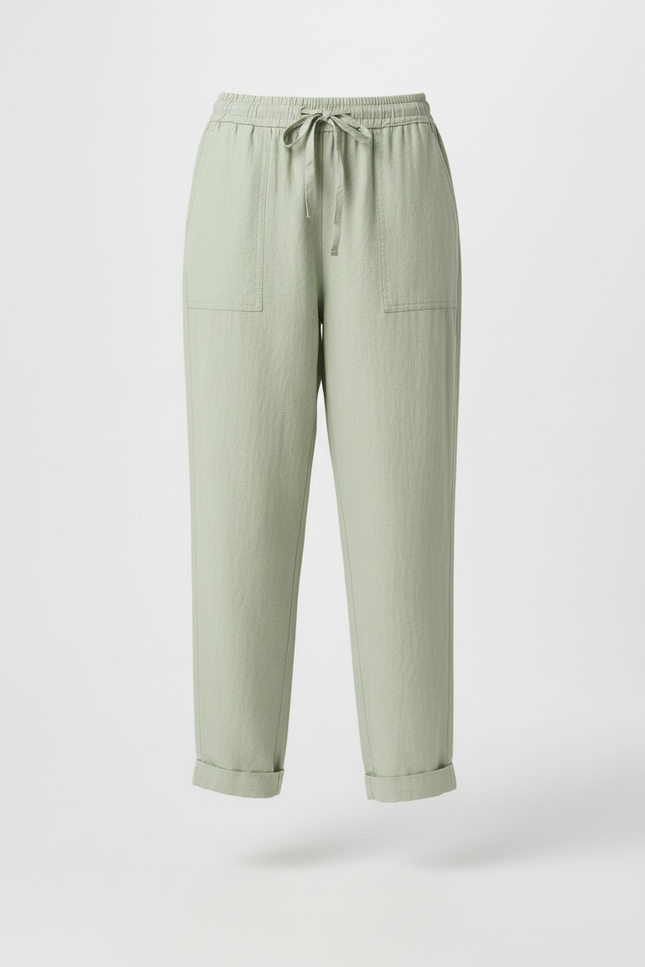 Pantalon Baggy Lin Vert Cordon Ample Décontracté Femme - vue 3