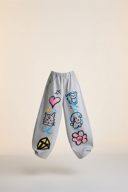 Pantalon Baggy Gris Coton Ample Dessins Enfant - Molleton - vue 3