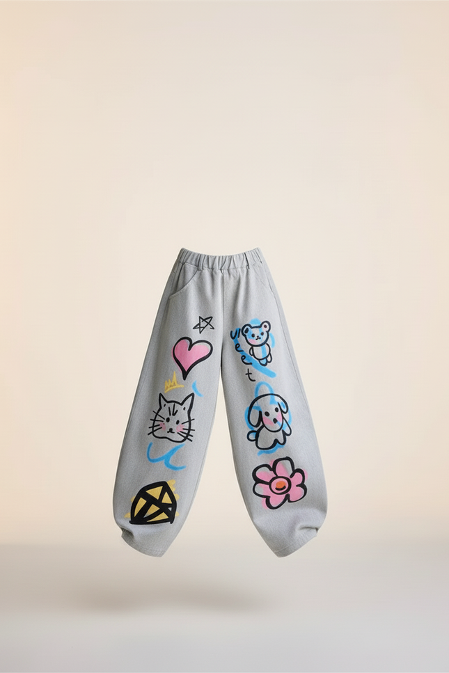 Pantalon Baggy Gris Coton Ample Dessins Enfant - Molleton - vue 3