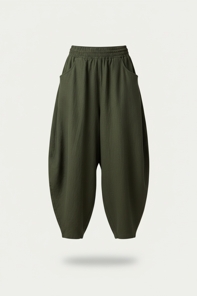 Pantalon Baggy Vert Ample Coton Femme Décontracté - Lin - vue 3