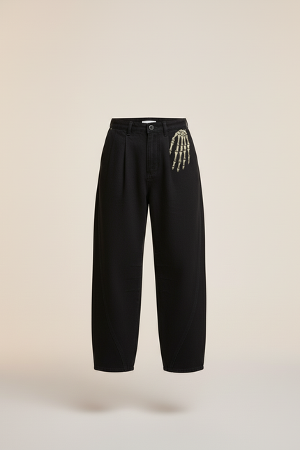 Pantalon Baggy Noir Brodé Squelette Ample Décontracté - Jean - vue 3