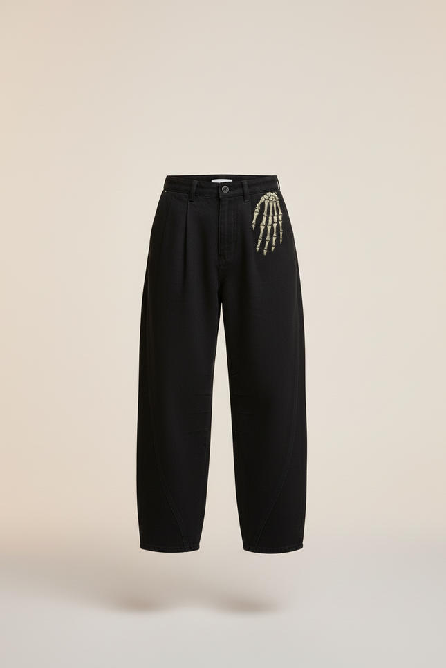 Pantalon Baggy Noir Brodé Squelette Ample Décontracté - Jean - vue 3