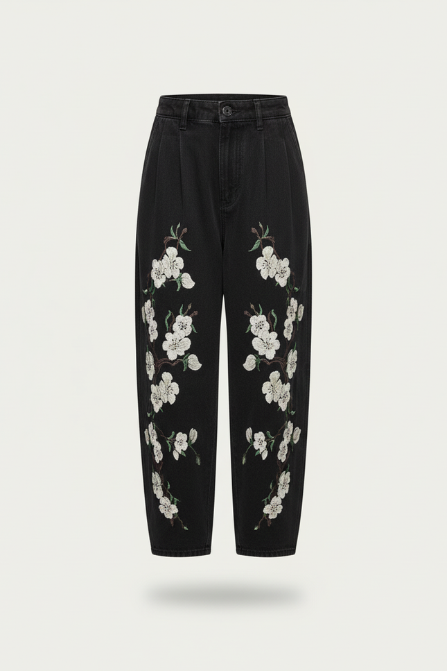 Pantalon Baggy Noir Brodé Floral Ample Enfant - Jean - vue 3