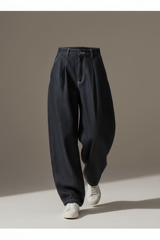 Pantalon Baggy Jean Denim Ample Taille Haute - Marine - vue 3