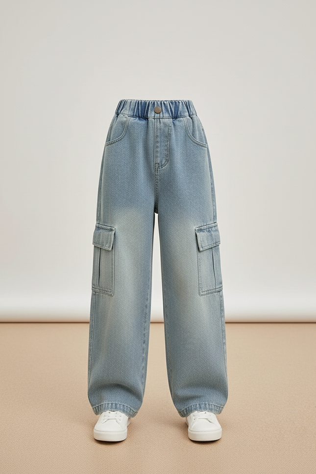 Pantalon Baggy Jean Bleu Droit Ample Cargo - vue 3