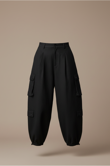 Pantalon Baggy Noir Ample Cargo Femme - Lin - vue 3