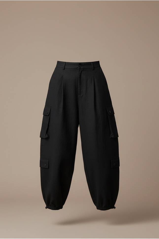 Pantalon Baggy Noir Ample Cargo Femme - Lin - vue 3