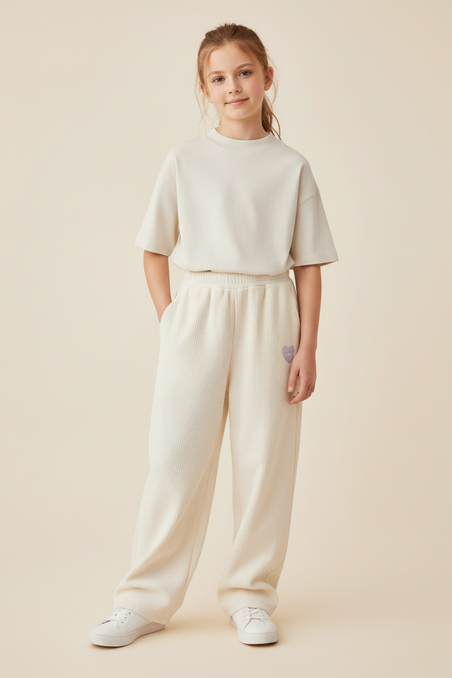 Pantalon Baggy Côtelé Beige Ample Décontracté Cœur - Cordé - vue 3