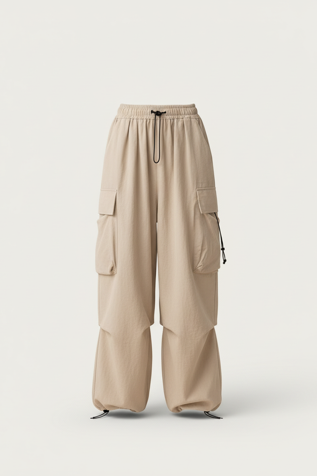 Pantalon Baggy Beige Cargo Ample Taille Haute - Toile - vue 3