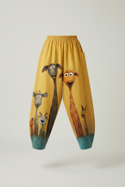 Pantalon Baggy Jaune Imprimé Animaux Ample Confortable - Lin - vue 3