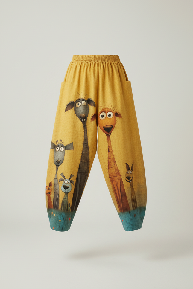 Pantalon Baggy Jaune Imprimé Animaux Ample Confortable - Lin - vue 3