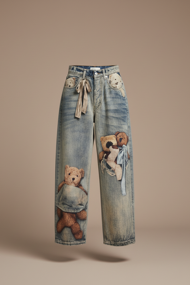 Pantalon Baggy Jean Délavé Ample Oursons Mignons - Bleu - vue 3