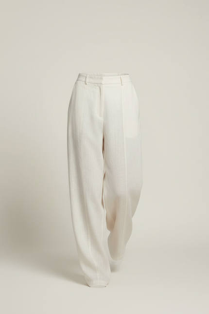 Pantalon Baggy Crème Lin Ample Droit Élégant - Beige - vue 3