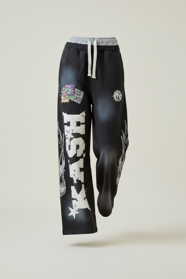 Pantalon Baggy Noir Ample Imprimé Graphique Décontracté Cordon - Jean - vue 3
