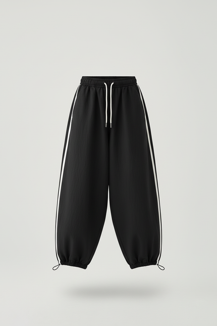 Pantalon Baggy Noir Ample Cordon Rayure Latérale - Polyester - vue 3