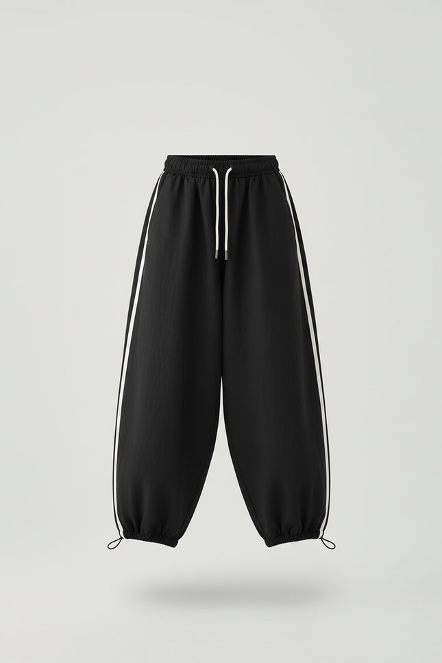 Pantalon Baggy Noir Ample Cordon Rayure Latérale - Polyester - vue 3
