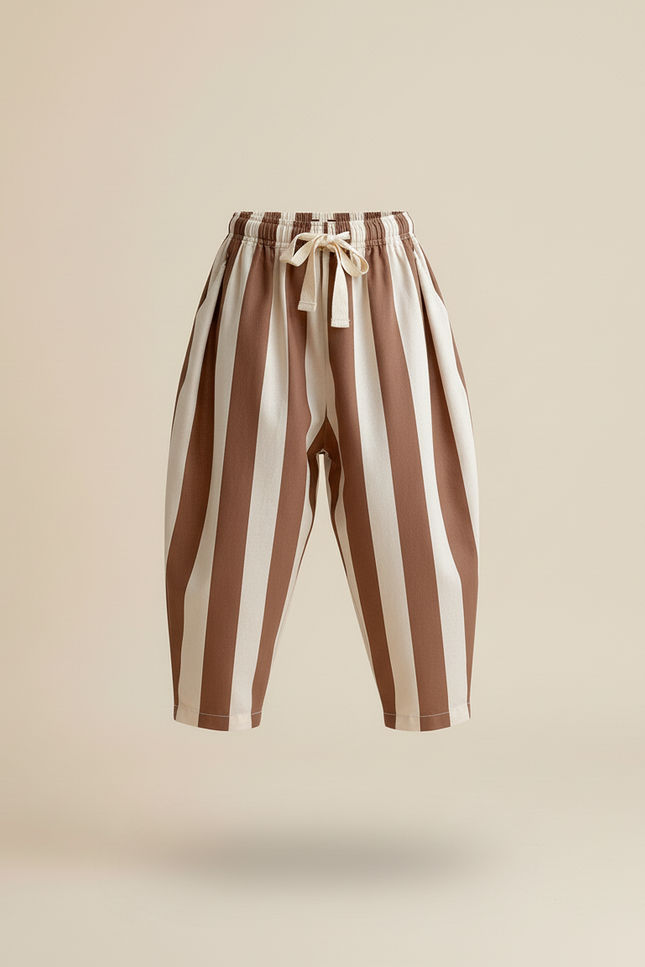 Pantalon Baggy Rayé Marron Blanc Ample Coton Enfant - Multicolore - vue 3