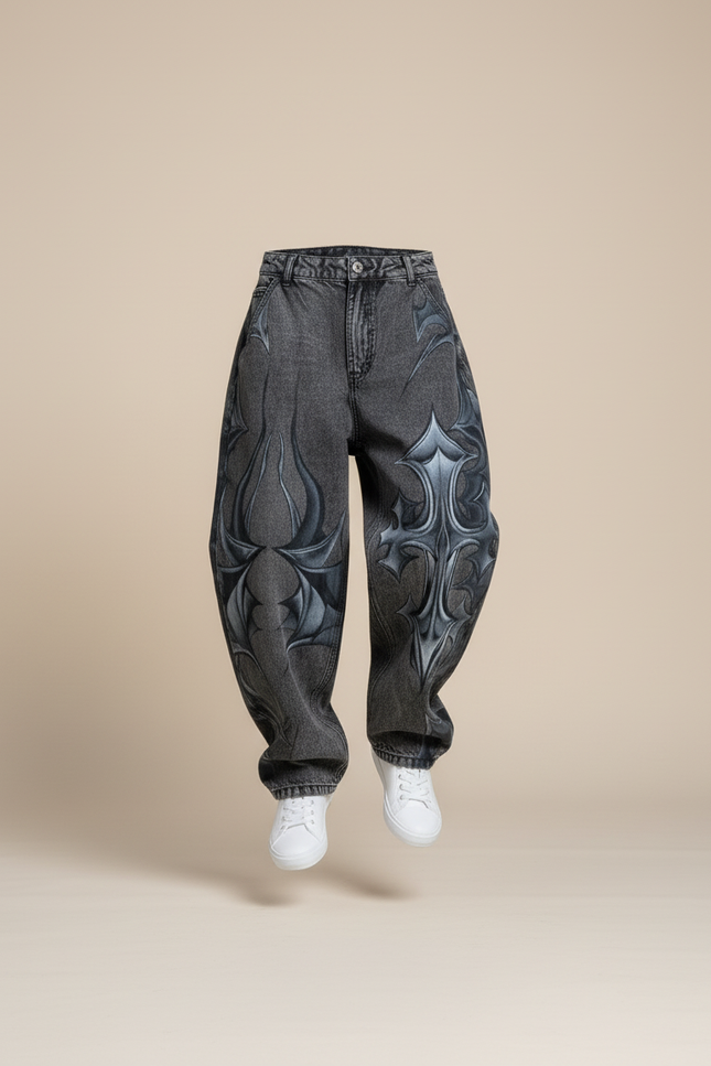 Pantalon Baggy Jean Gris Imprimé Gothique Ample - vue 3