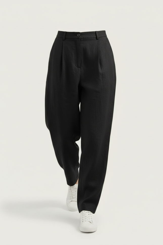 Pantalon Baggy Noir Lin Plissé Décontracté Ample Femme - vue 3