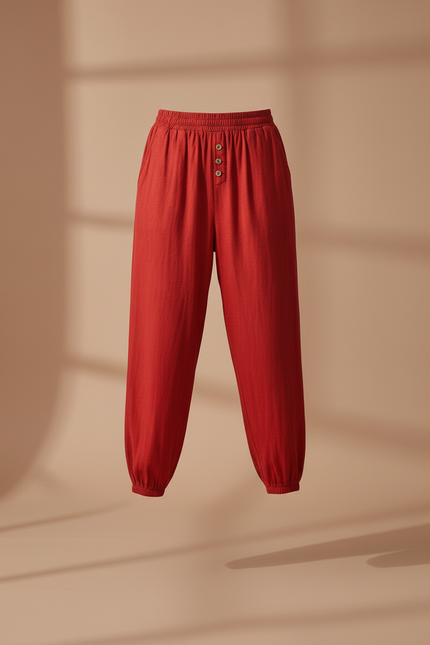 Pantalon Baggy Rouge Lin Fluide Décontracté Femme - vue 3