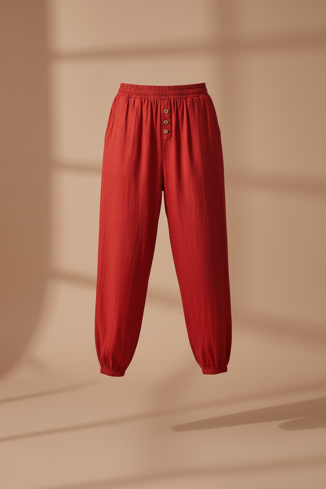 Pantalon Baggy Rouge Lin Fluide Décontracté Femme - vue 3